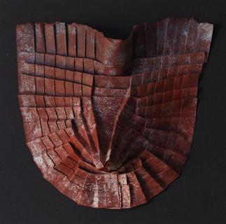 Long-nose mask. Encaustic on paper, folding.
