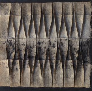 Twisted pleats on grey. Encaustic on hemp paper, folding. Sold.