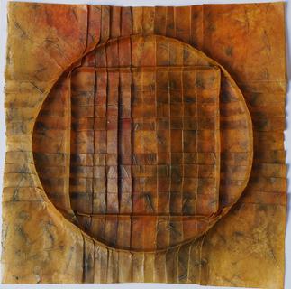 Inscribed square. Encaustic on banana fiber paper, folding. Sold.