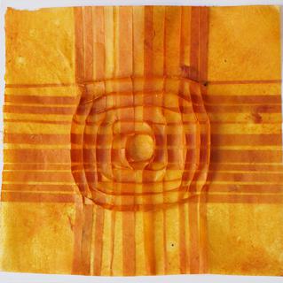 Curving pleats. Encaustic on thin lokta, folding.
